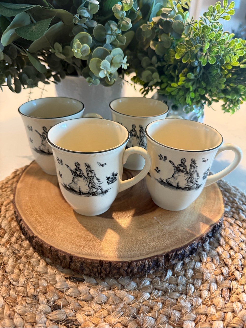 Vintage Wood & Sons Classic Black & White Toile Porcelain Mugs - Set of 4